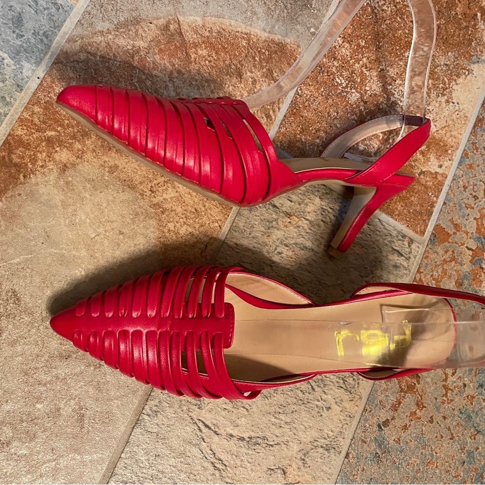 👠NWOB!! FSJ Caged Pointed Toe Sling Back Vibrant Red Patent Pumps! - Picture 5 of 11
